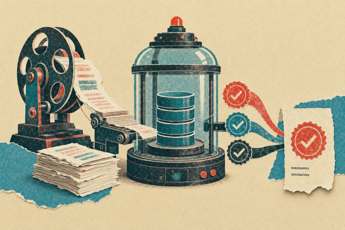 A risograph-style archive reel feeds backup pages into an isolated database chamber, producing three verified seals and a proof receipt.